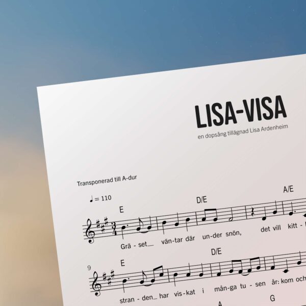 Dopsången Lisa-visa, notblad i A-dur